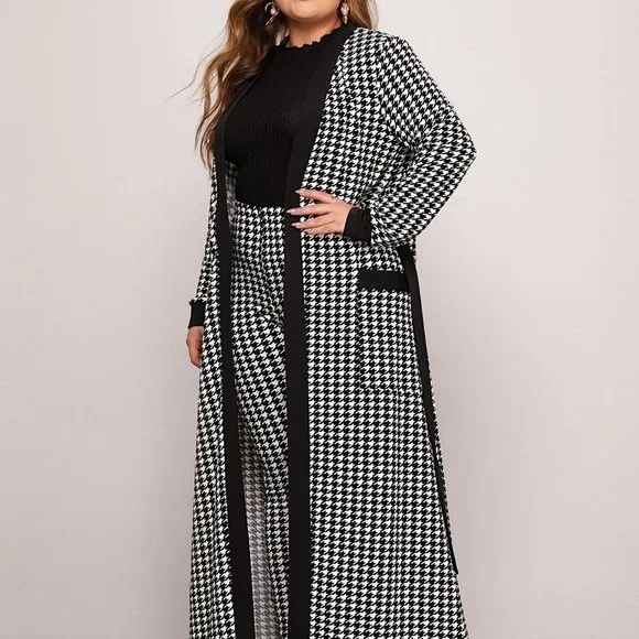 Black Casual Womens Patch Pocket Belted Houndstooth Coat & Leggings Set - Picture 3 of 5